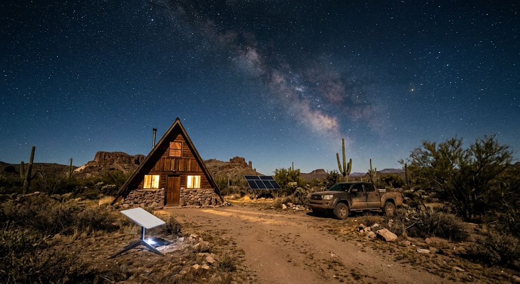 Off-grid cabin in the desert at night with a satellite dish under the Milky Way